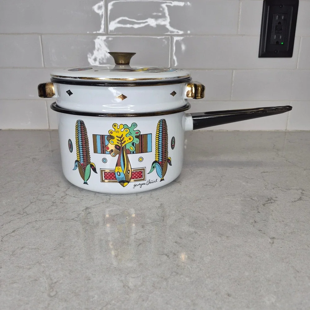 Vintage Georges Briard Enamel Pot MCM Green Garden‎ Pattern Corn